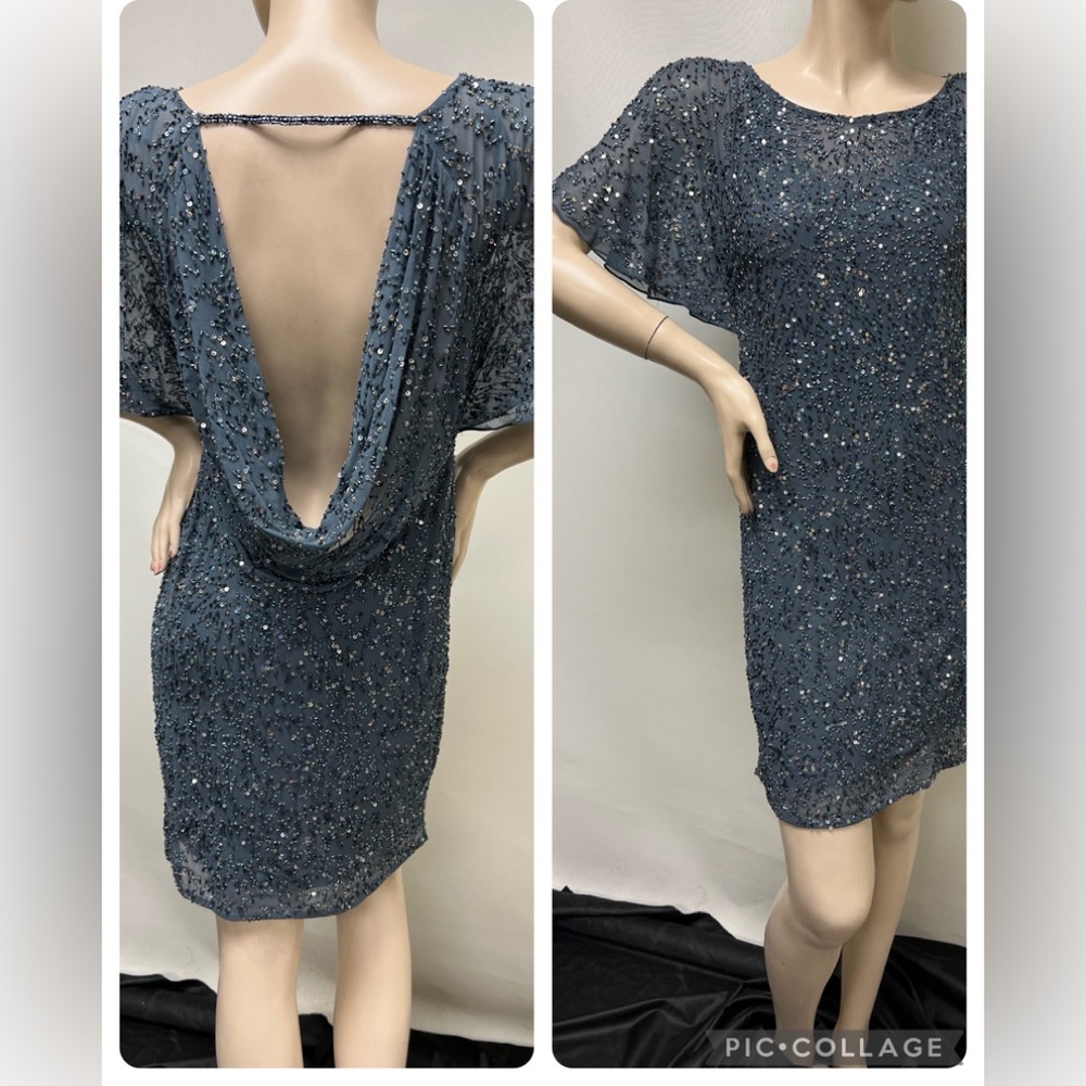 Aidan Mattox flutter sleeves beaded cowl neck back dress